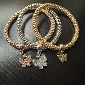 3 Sparkling Butterfly Charm Bracelet - Gold, Rose Gold & Silver